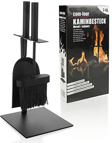 COM-FOUR® 3 pezzi Set camino nero in di dimensioni compatte in metallo, con pala, scopa e supporto, ideale per stufe (003 pezzi di posate)
