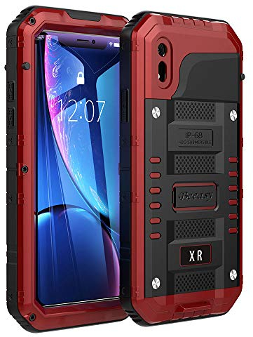 Beeasy Case for iPhone XR,Tough Waterproof Heavy Duty Metal Defender Cover with Built-in Screen Military Grade Protective,Drop Proof Shockproof Rugged Hybrid Outdoor Sport Protection,Red