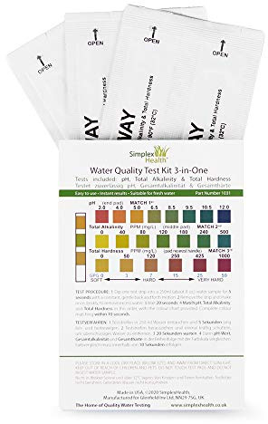 SimplexHealth Home Water Test Kit 3-in-One (5 Strips) - Drinking Water, ponds, aquariums for Total Hardness, Total Alkalinity and pH