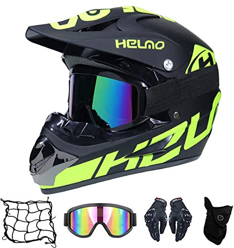 VOMI Motorrad Crosshelm mit Brille (5 Stück) - Schwarz Grün-H Adult Motocross Helm Erwachsener Off Road Fullface MTB Helm Mopedhelm Motorradhelm für Damen Herren Sicherheit Schutz,S