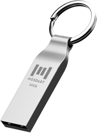 MOSDART Waterproof 64GB USB2.0 Flash Drive, exFAT Metal Memory Stick with Keychain, for System Back, Data Storage, Silver