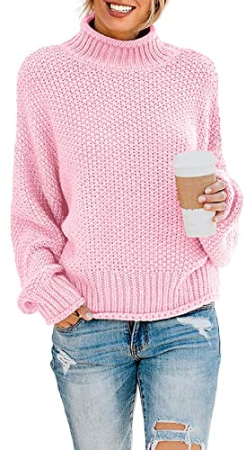 YUNDAI Womens Jumpers Turtleneck Batwing Long Sleeve Loose Oversized Sweater Knitted Pullover Solid Color Chunky Tops for Winter, Medium Pink