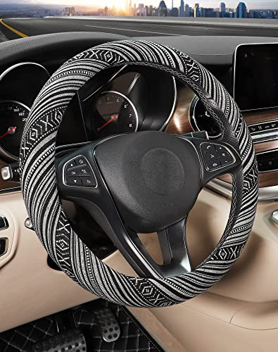 SEG Direct Boho Steering Wheel Cover with Baja Blanket Cloth, Ethnic Style Auto Wheel Cover Made of Coarse Flax, Fits 14 1/2-15 1/4 inches Car Wheel