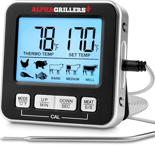 Alpha Grillers Meat Thermometer Digital - Kitchen Oven Thermometer for Cooking Food, Grilling, BBQ Smoker - 7 Preset Temperature Alerts, Timer, Alarm, & Stainless Steel Temperature Probe