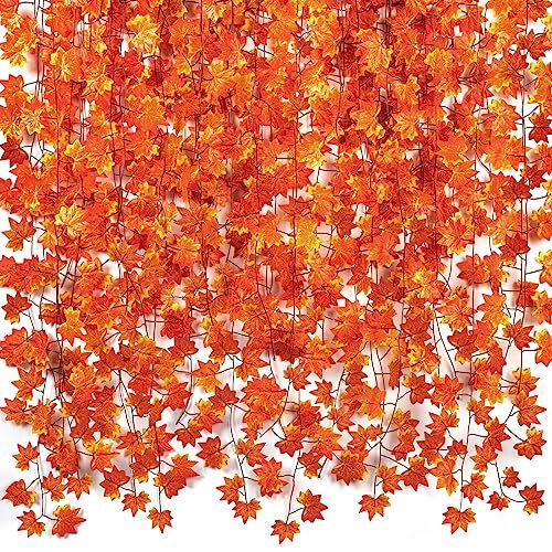 CQURE Autumn Fall Leaf Garland, Hanging Fall Vines Maple Garland Artificial Fall Maple leaves Thanksgiving Decor for Home Wedding Fireplace Party(5Pcs)