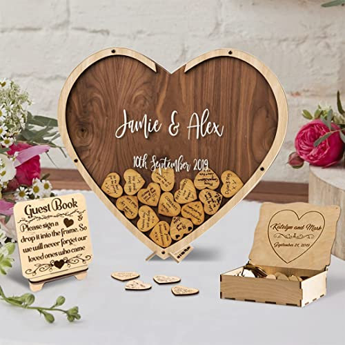 Libro degli ospiti personalizzato per matrimonio alternativo con scatola e 100 cuori, decorazione rustica personalizzata per matrimoni, idee per matrimoni, scatola degli ospiti a forma di cuore, libro