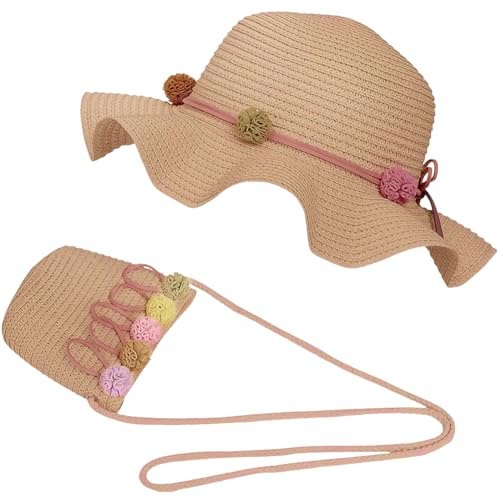 Sombrero De Paja para Niños y Bolso Pequeño, Beach Sombreros Anchos de Verano para Piscina y Viaje (Caqui)
