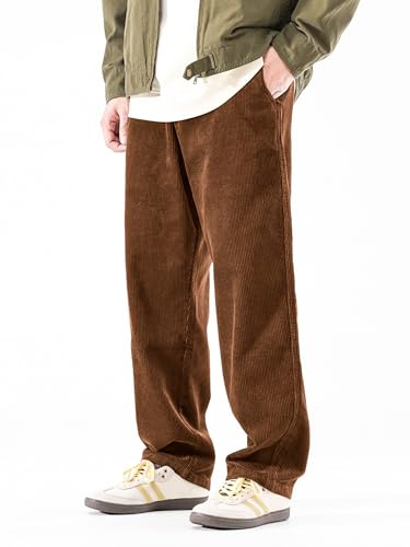PLEPAN Pantalon de survêtement ample en velours côtelé pour homme, coupe ample, taille élastique, style vintage, marron, Taille M