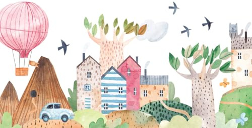 A.S. Création Papier peint Colourful Village 3,75 m x 2,50 m - WALLLOVE Papier peint pour chambre d'enfant Village coloré y compris colle - DD129591