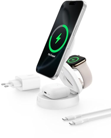 Belkin BoostCharge Cargador Inalámbrico compatible con MagSafe, Estación de Carga Inalámbrica 3 en 1 de 15W, Certificación Qi2, iPhone 17, Air, Pixelsnap, Apple Watch y AirPods, adaptador 36W - Blanco