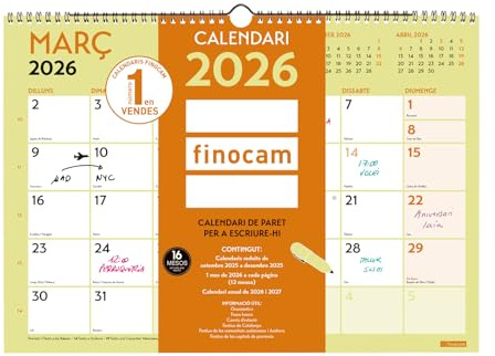 Finocam - Calendrier mural 2026 mois vue janvier - décembre 2026 + septembre 2025 (4 mois) réduits | Calendrier 2026 | Planning mensuel Grafik Catalan
