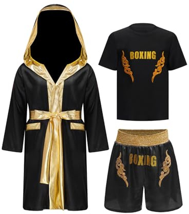 Oyolan Barn pojke boxningsshorts och T-shirt badrock boxningsklänning huvtröja set Muay Thai MMA sparkar boxning, B guld svart, 11-12 år