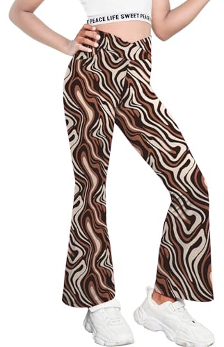 Arshiner flickor skolbyxor utsvängda leggings hög midja V crossover vardaglig yoga klocka byxor med fickor byxor för barn, Brun marmor, 15-16 År