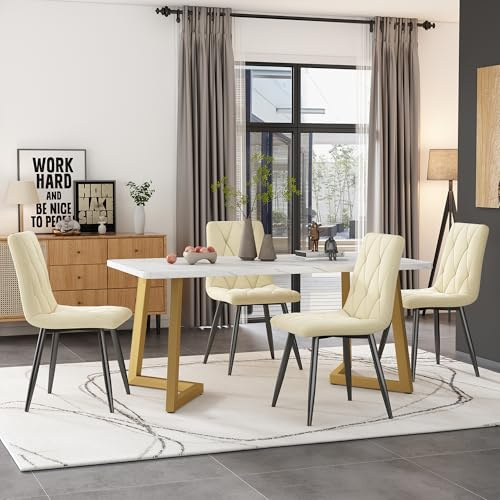 BXEYXE matgrupp. (set 117 × 68 cm matbord med 4 stolar) Rektangulärt matbord modernt köksbordsset, matrumsstol, beige twill i sammet, köksstol, gyllene, bordsben