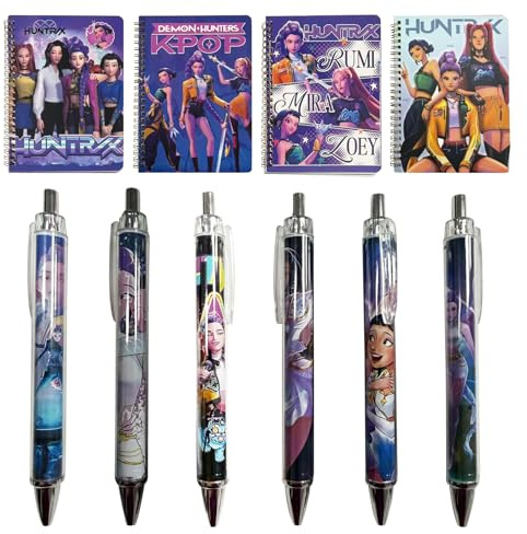 Generisk Kpop Demon anteckningsbok och pennor, söt anime Hunters penna, 4 anteckningsböcker, 6 rollerballpennor