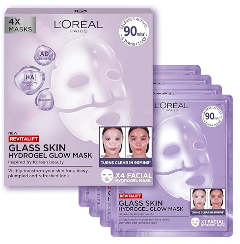 L'Oreal Paris Revitalift Filler Hydrogel Glow Mask 4 Pack, for Glass Skin, Korean-Skincare Inspired, Tissue Face Mask, Visibly Transform Skin, Dewy, Plumped and Refreshed Look, 4pc