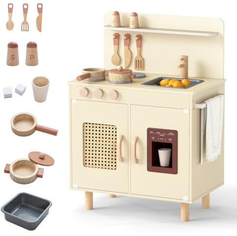 COSTWAY Cuisine Enfant en Bois avec Distributeur de Glace, 11 Accessoires, Jeu de Cuisine avec Cuisinière et Évier, Étagères et Armoire et Porte-Serviettes, Jeu d'Imitation pour 3 Ans+ (Jaune)