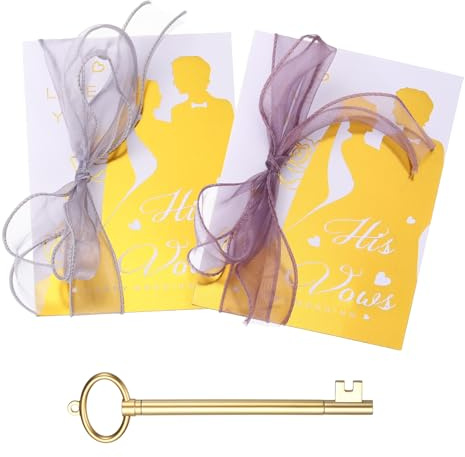 YOKIVE Wedding Day Vow Card Set, (7.87 x 5.51-Inch, Purple/Grey), Vow Card with Key Shape Pen for Her & Him Ribbon Version B, Gold Foil, Great Gift for Bride Groom Bridal Wedding