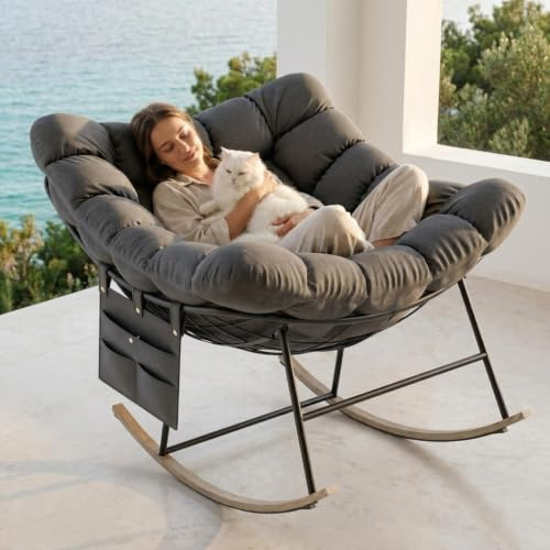 Mecedora Extra Ancho Sillón Mecedora Relax con Bolsillo Lateral, Silla Mecedoras Balanceo Suave con Cojín Grueso para Salón Dormitorio Terraza Jardín, Carga 150 kg, Butaca Cómoda - Gris Oscuro