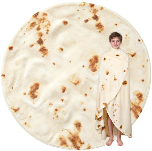 LetsFunny Burrito Tortilla Throw Blanket,2.0 Double Sided Burritos Taco Tortilla Wrap Blankets,Giant Funny Realistic Flannel Food Round Blankets, Funny Gifts for Adults Kids（47in）