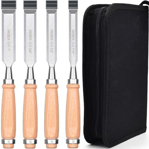 GREBSTK 24cm Holz Meißel Set für Holzbearbeitung, 4 tlg. Chrom Vanadium Stahl Schräge Kante Bank MeiÃŸel mit Kappe, bequemer Buche High Impact Griff mit Leinwand Tasche