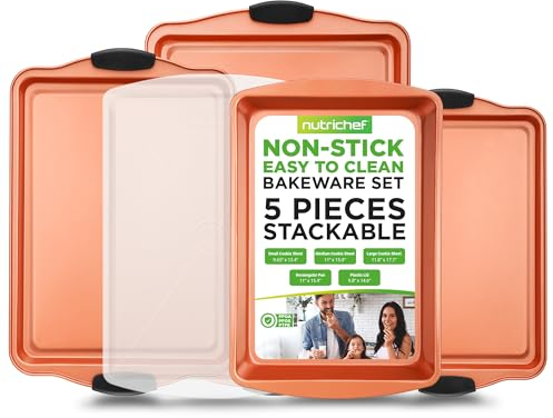 NutriChef Set 5 Teglie da Forno Antiaderente, Biscotti Impilabili, Teglia Arrosto Coperchio, Maniglie Silicone, Facili da Pulire, Rame