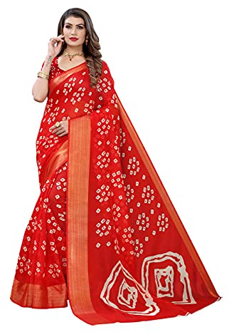 SIRIL Bandhani tryckt Jari Patta Poly bomull sari med blus, Röd, one size