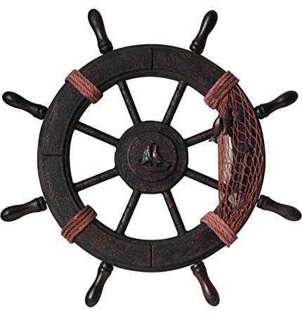MERIGLARE Mediterranean Nautical Wooden Boat Ship Steering Wheel Wooden Ship Wheel Pirate Decor Wall and Door Hanging Ornament Plaque - 32x3x32cm
