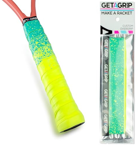 Get A Grip - Custom Tennis Racket Grip Tape - Anti-Slip/Quick-Drying Tennis Overgrips - Precut Badminton Racket Grip with Finishing Tape (Paint The Lines (Neon + Blue), 1 Grip)