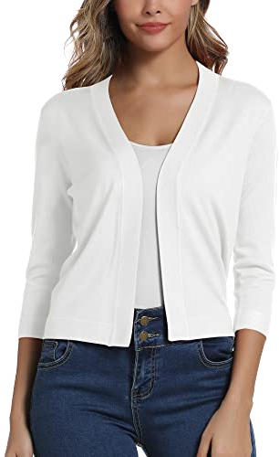 Damen 3/4 Ärmel Open Front Bolero Strickjacke Shrug Solid Cardigan Top (L, Weiß)