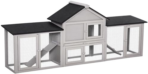 PawHut Conejera de Exterior Grande Jaula de Madera para 2-4 Conejos con Techo Asfáltico Recinto de Alambre Bandeja Extraíble y Rampas 210x45,5x84,5 cm Gris y Negro