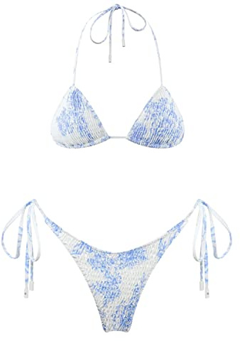 VOLAFA Women's Triangle Bikini Set String Swimsuit Print Tie Smocked Ruched Two Piece Bathing Suit (Small, Light Blue)