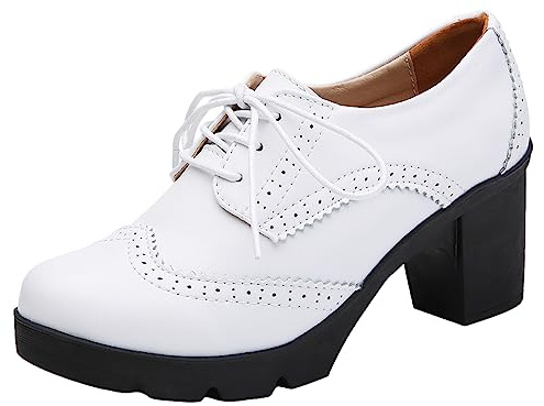 Jamron Mujer Tacón de Bloque con Cordones Brogues Derby Pumps Zapatos de Vestir Blanco SN02955 EU39.5