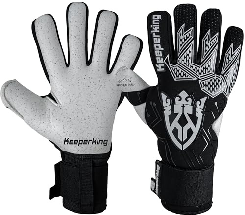 Keeperking Guanti da portiere per adulti, da uomo, con cuciture interne, impugnatura professionale, 4 mm, vestibilità stabile, unisex, Jonior (11, Q-Black-Neg)