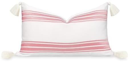 Hofdeco Premium kustnära uteplats inomhus utomhus ländryggskudde endast, 30 x 50 cm vattenavvisande för trädgård, soffa, rosa broderade ränder med tofsar