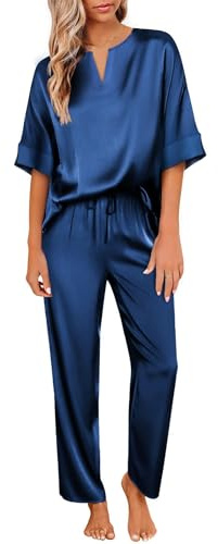 Ekouaer Pyjama Femme Ete Ensemble de Pyjamas Femme en Satin de Soie à Manches Courtes Pantalon Chic 2 Pièces Vetement Bleu Marine L