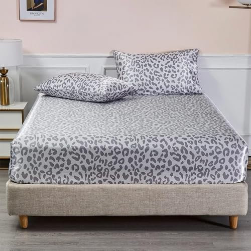 Luofanfei Satin Spannbettlaken 90x200cm Boxspringbett Blau Hellblau Leopardenmuster Sommer Bettlaken Satin Glänzend Seide Spannbetttuch Kühlende Leintuch für Hohe Matratze bis 25-30 cm