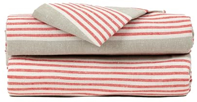 TRAMAS+ Mantel Mesa Rectangular Algodón Efecto Lino para Casa Comedor Cocina Terraza Patio 3 Medidas - Rayas Rojo (140x200 cm)