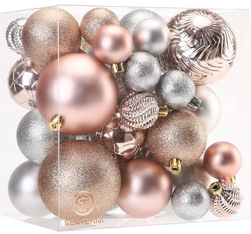 Sea Team 36-Pack Shatterproof Plastic Christmas Ball Ornaments Set, Multi-Size Christmas Baubles, Hanging Decorations for Xmas Tree, Wreath, Garland, Rose Gold
