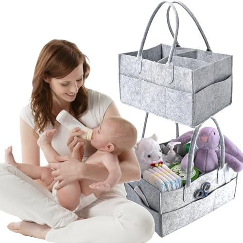 BAOSROY Cesta Organizadora Bebe, Organizador Pañales para Bebé, Pañal Para Bebé, Cesta Almacenamiento Portátil para Cambiar Pañales (Gris-1)