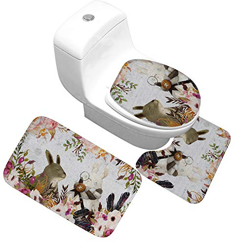 Badezimmermatte Kaninchen Grau Orange Fußmatte 3 Teilig rutschfeste Badematte Saugfähig Bath Mat Waschbar Bad Teppiche Set Schmutzfangmatte Fussmatte Innen 50x80cm