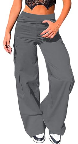 Nuofengkudu Dam stretch breda ben cargobyxor bootcut 6 användbara fickor elastisk hög midja lös passform utsvängda byxor Y2K streetwear