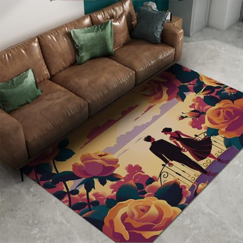 Via Vela Teppich im Cartoon-Stil 160x240cm - Romantische Rosen mit Meerblick Liebhaber Maschinenwaschbar Rutschfester Flauschiger dünner Teppich mit niedrigem Flor für das Wohnzimmer