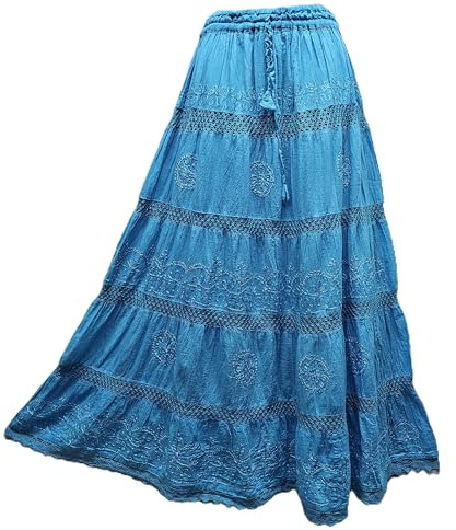 Doorwaytofashion Women Cotton Maxi Full Length Skirt Embroidered Boho Casual Festival Summer UK 10,12,14,16,18 (Turquoise)