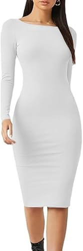 harlogistics Plain Bodycon Midi Dress for Women - Long Sleeve Maxi Dress for Ladies - Round Neck Casual/Party/Formal/Outdoor Bodycon for Girls - – Suitable for The Holiday, Travel, Party (White, 12)