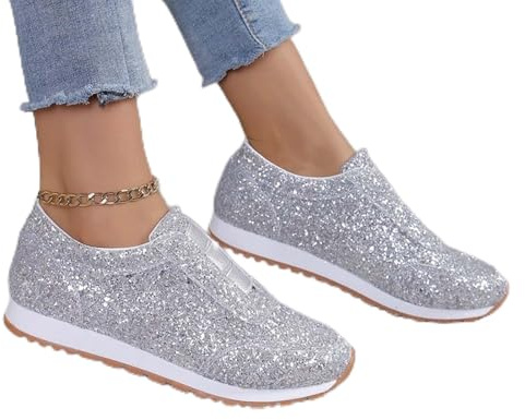 Sequin Shoes For Women Womens Glitter Slip On Trainers Breathable Lightweight Sneakers Sparkly Metallic Sport Pumps For Party Casual Plat Bottom Walking Trainers Tennis Shoes For Women Uk
