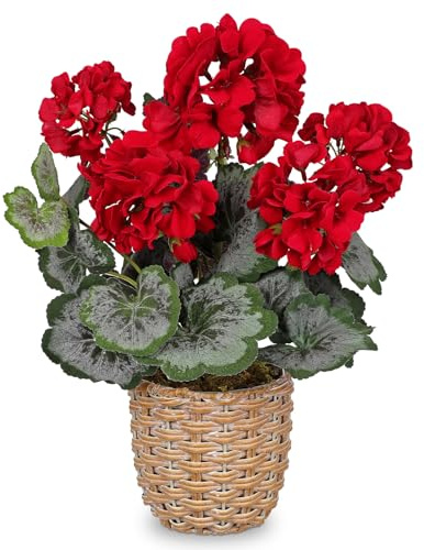 Arborus 37 cm konstgjorda röda pelargon växt i vävd kruka realistiska sidenblommor i rustik korg inomhus utomhus konstgjord krukväxt konstgjord blomsterarrangemang för hem balkong bord vardagsrum