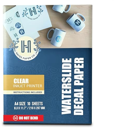 Hayes Waterslide Decal Paper for Inkjet Printers | 10 Clear A4 Sheets (8.25x11.7) | Quick Dry, Strong Adhesion, Easy Application | Premium Water Transfer Paper 200gsm Thickness for DIY Crafts