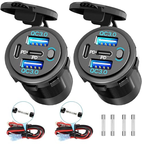 2 Pack Quad-Port 12V USB Outlet with Switch & LED - 78W Dual QC3.0 & Dual PD3.0 USB C Car Charger Socket for RV Motorcycle Marine Truck Golf Cart Boat Accessories