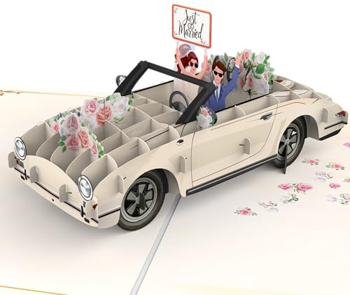 LIMAH® Pop-Up Hochzeitskarte, edle 3D Karte mit Hochzeitsauto, Glückwunschkarte zur Hochzeit oder Hochzeitstag passend zum Geldgeschenk, Gutschein, Hochzeitsreise und Flitterwochen